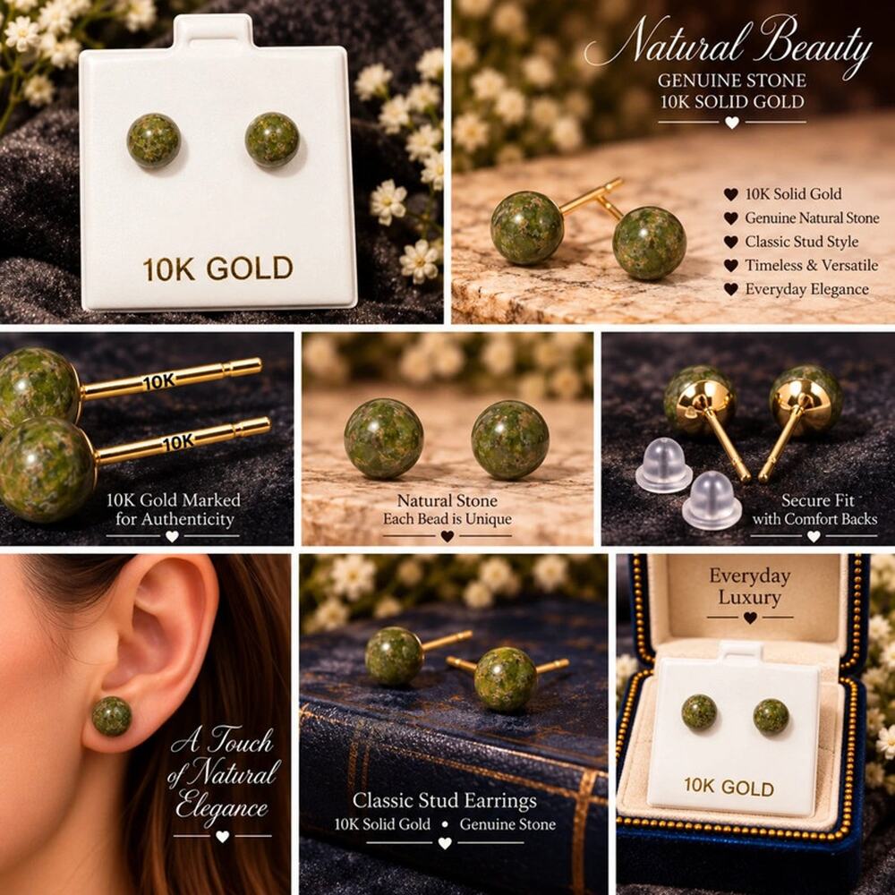 10k solid gold post natural Unakite stone